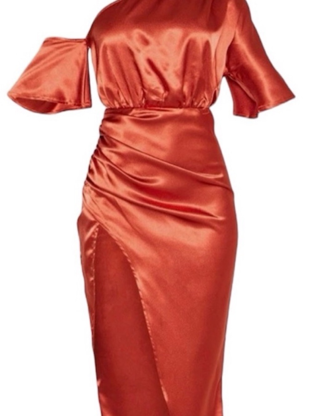 PRETTY LITTLE THING Rust Colored Satin One Shoulder Midi DressāSZ. 4